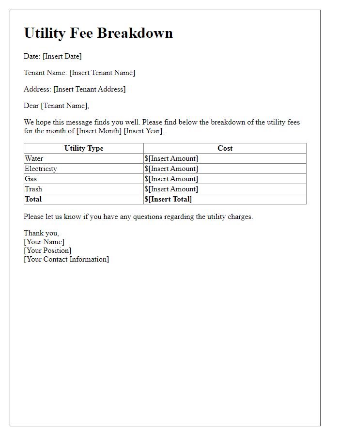 Letter template of utility fee breakdown for tenants