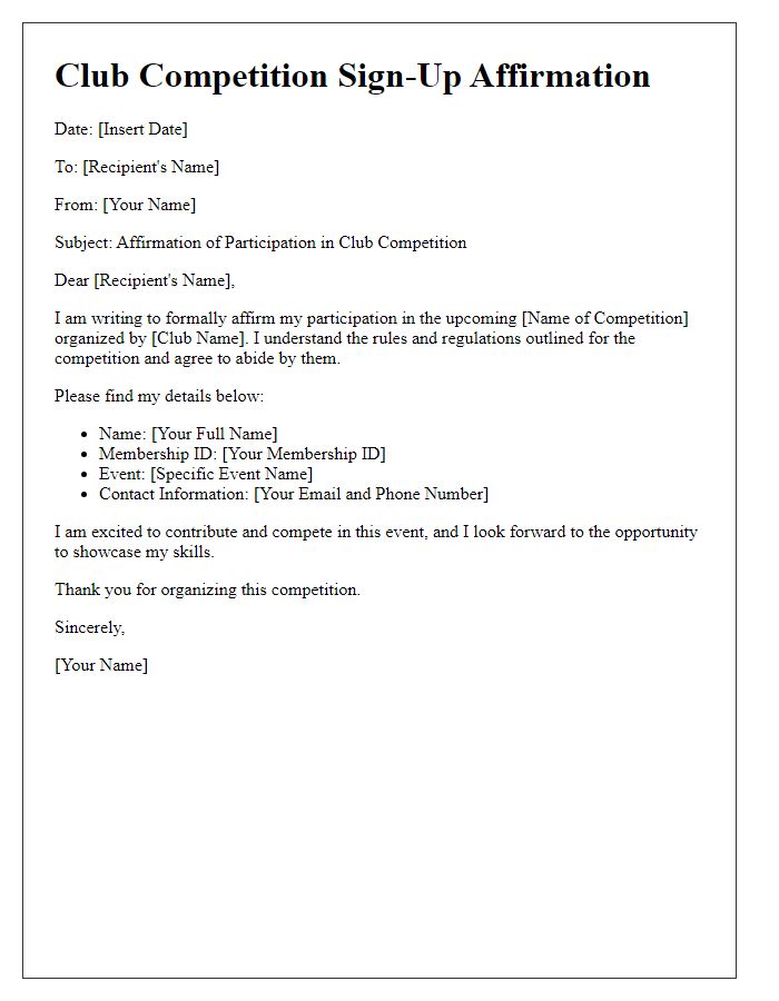 Letter template of club competition sign-up affirmation