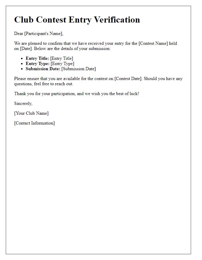 Letter template of club contest entry verification