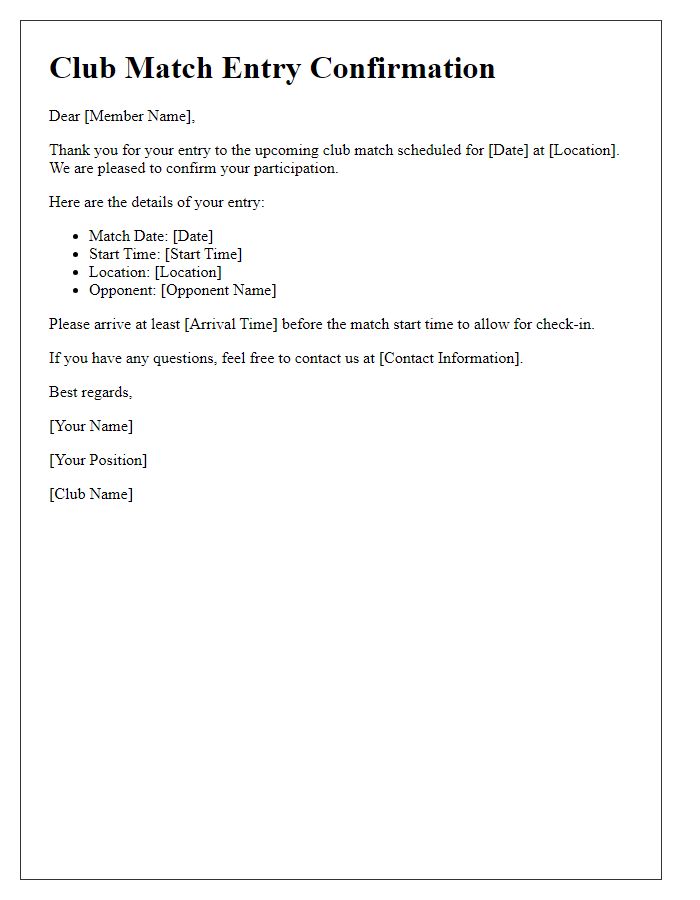 Letter template of club match entry confirmation