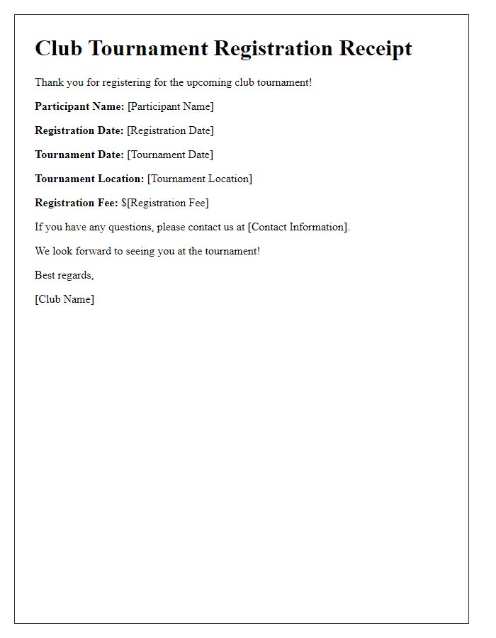 Letter template of club tournament registration receipt