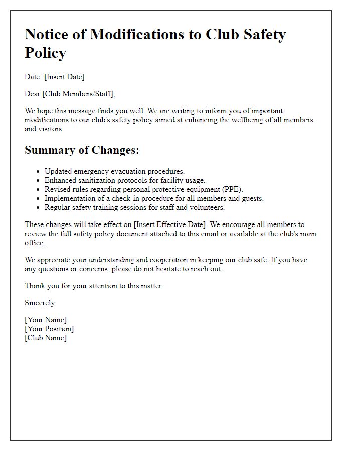 Letter template of club safety policy modifications alert