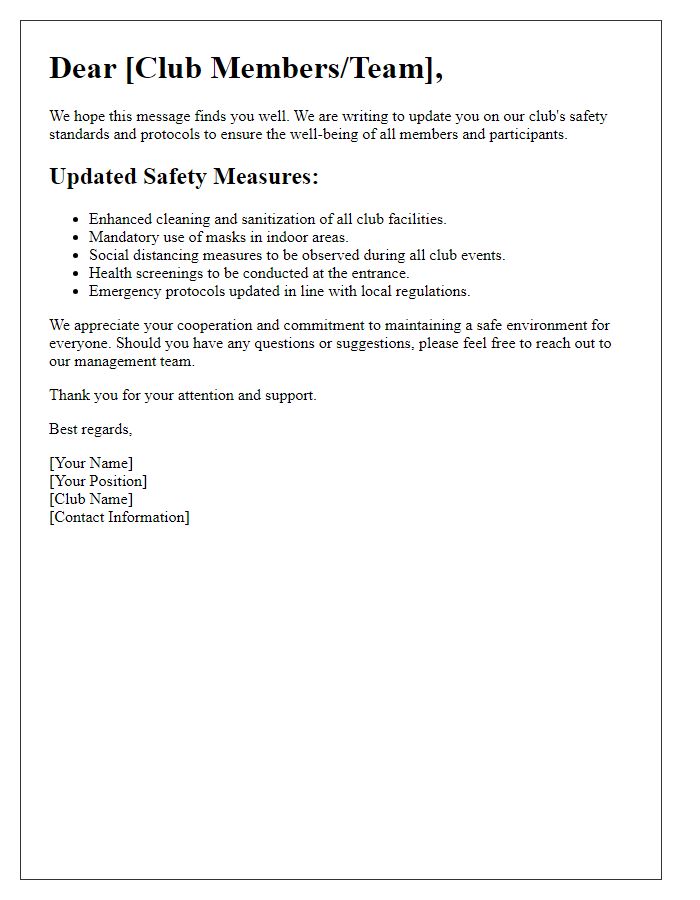 Letter template of club safety standards update communication