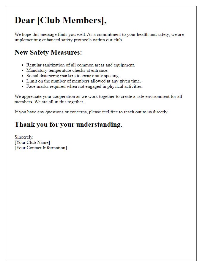 Letter template of enhanced safety protocols in our club