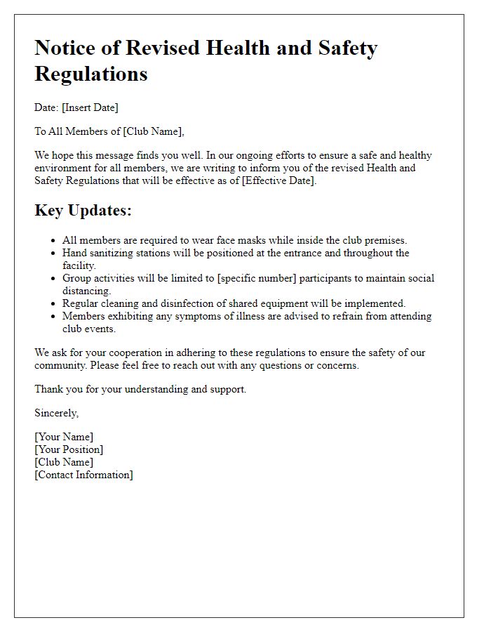 Letter template of revised health and safety regulations for club