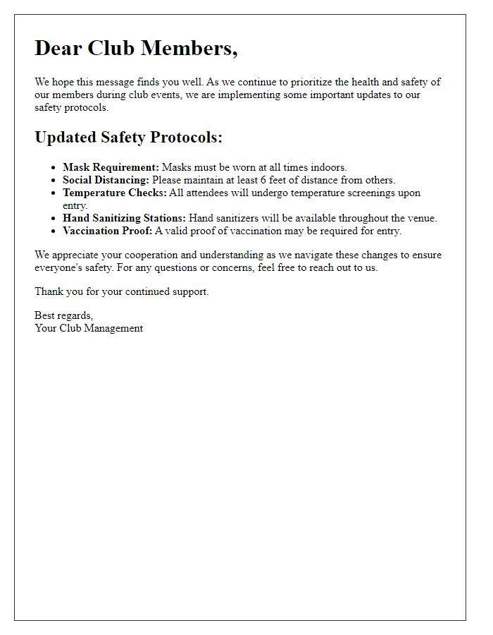 Letter template of safety protocol updates for club events