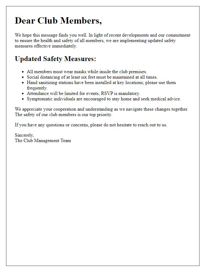 Letter template of updated safety measures for club members