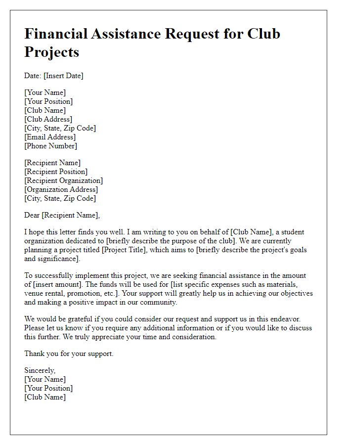 Letter template of financial assistance request for club projects