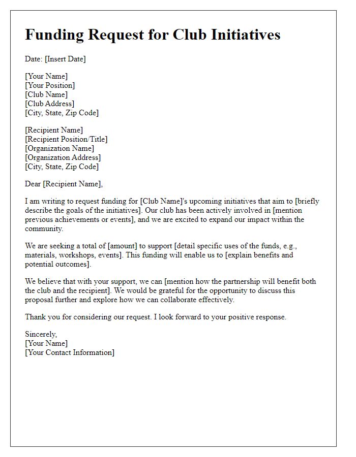 Letter template of funding request for club initiatives