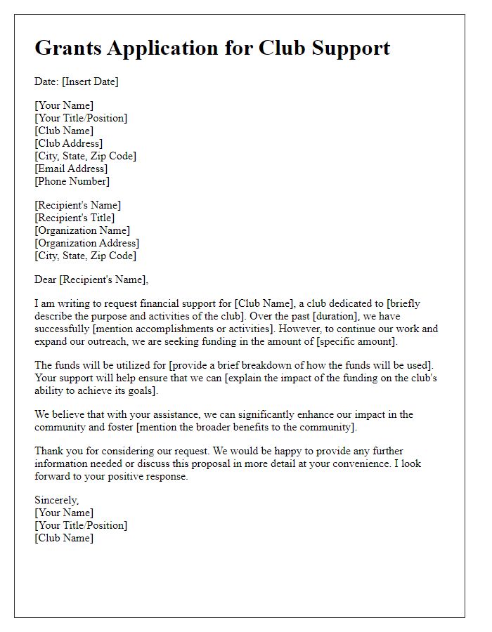 Letter template of grants application for club support