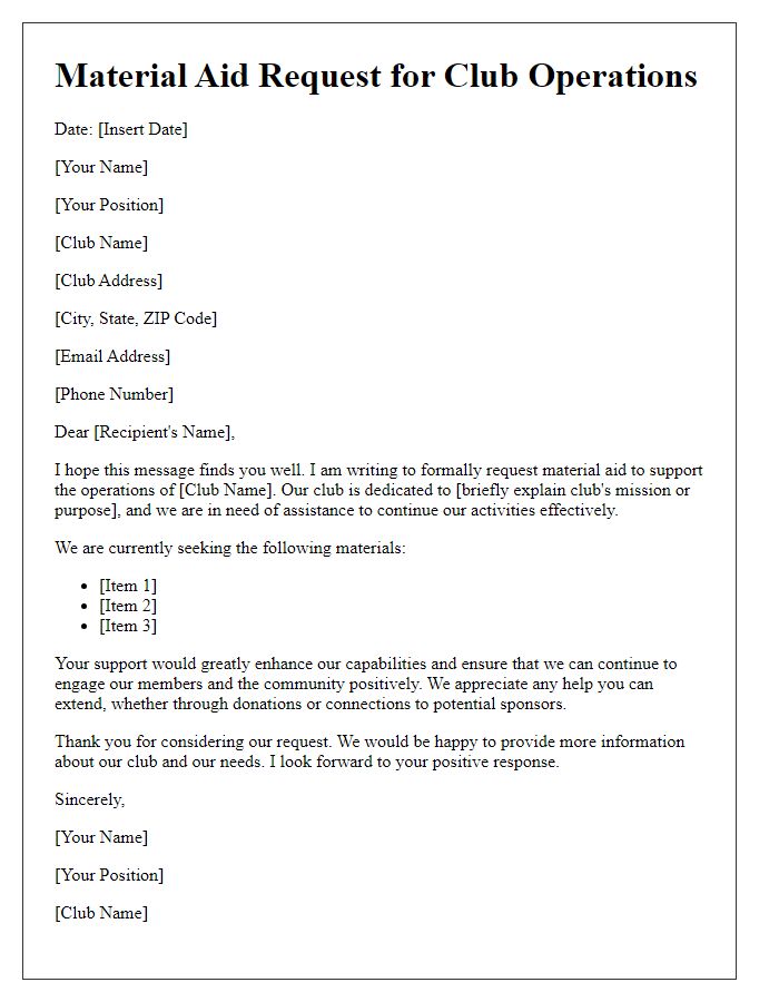 Letter template of material aid request for club operations