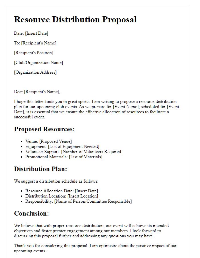 Letter template of resource distribution proposal for club events