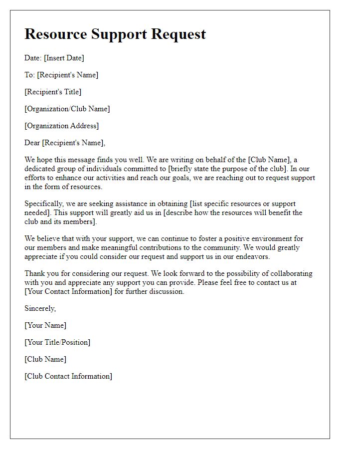 Letter template of resource support request for club members