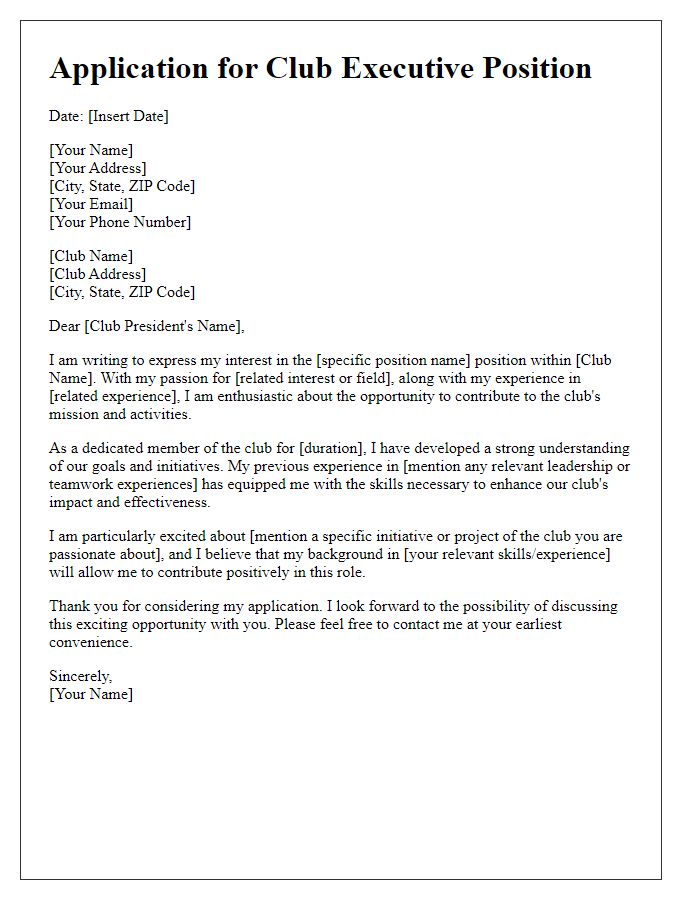 Letter template of application for club executive position.