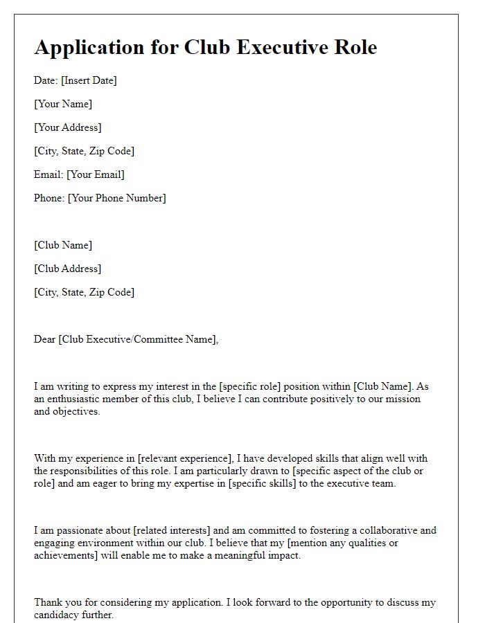 Letter template of expression for club executive role.