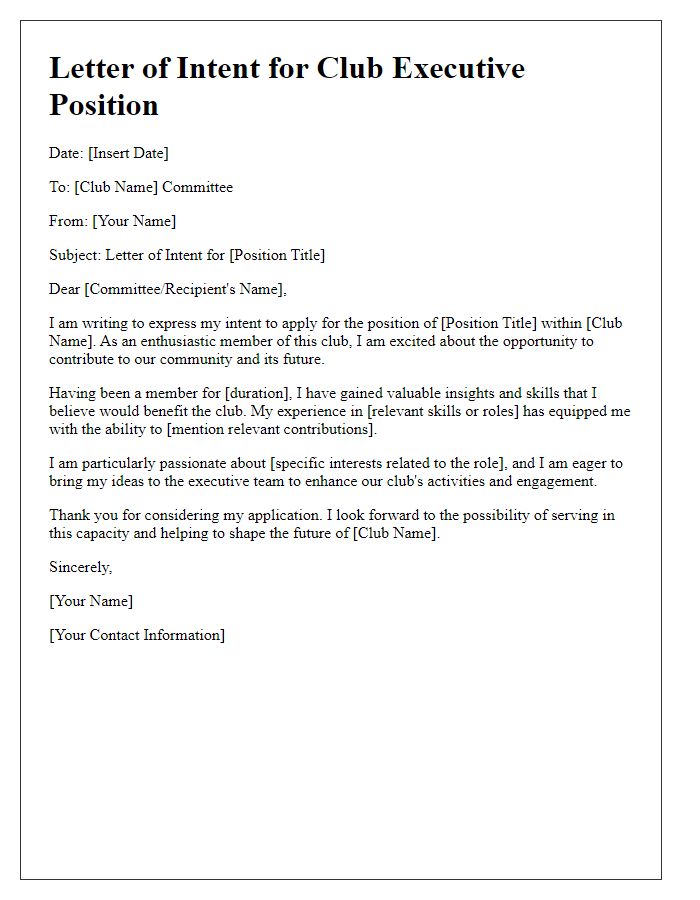 Letter template of intentions for club executive position.