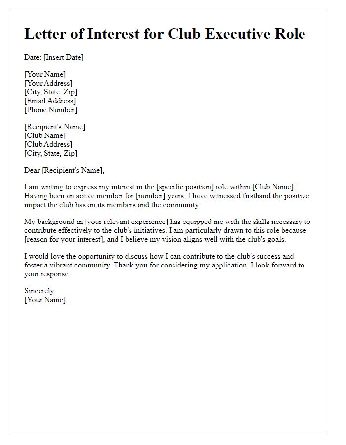 Letter template of interest in club executive role.