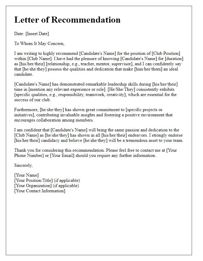 Letter template of recommendation for club executive candidacy.