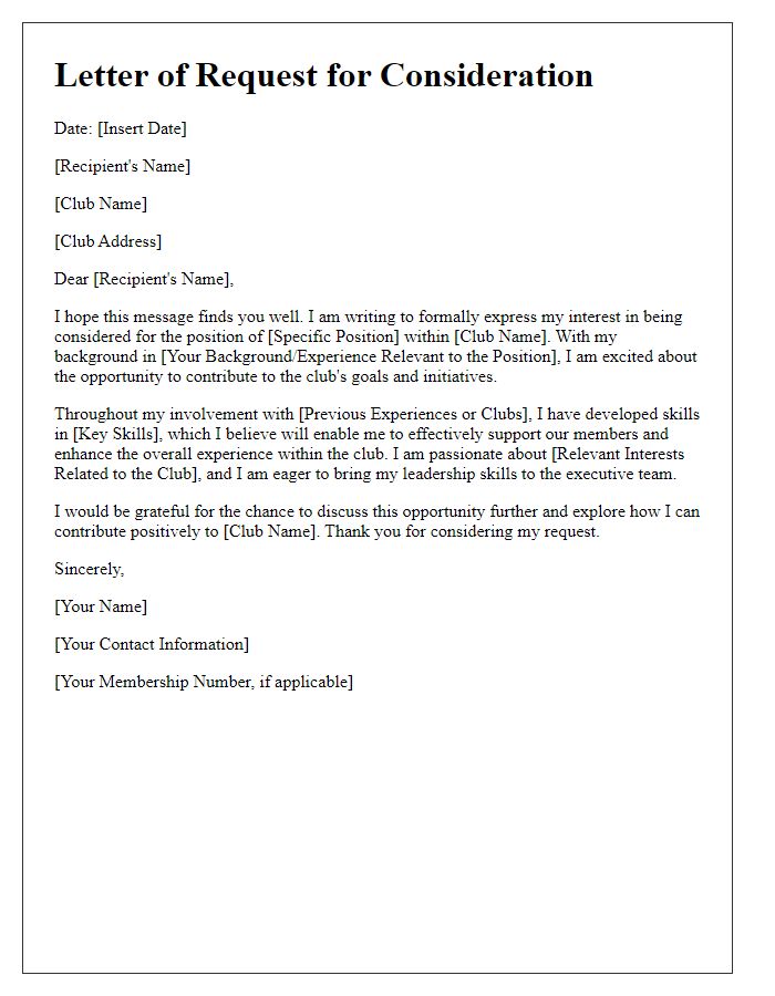 Letter template of request for club executive position consideration.