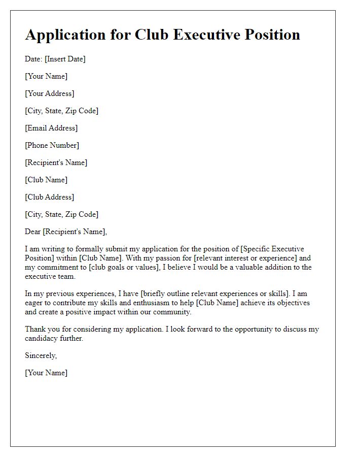 Letter template of submission for club executive application.