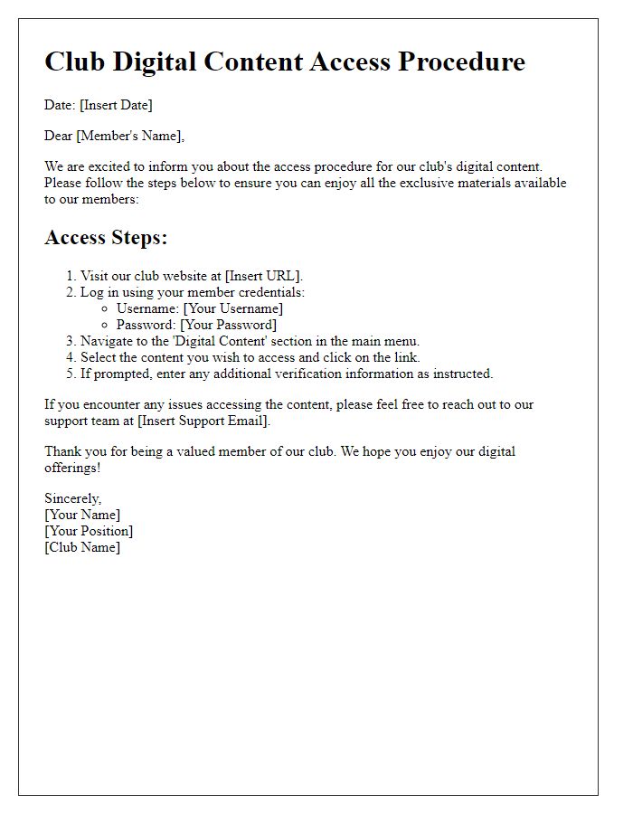 Letter template of club digital content access procedure