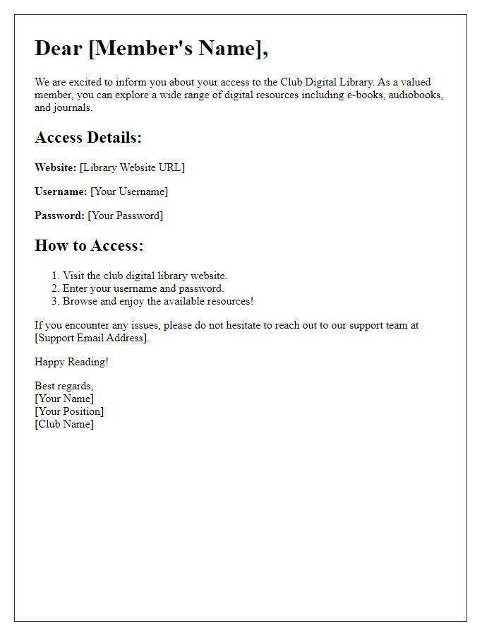 Letter template of club digital library access information