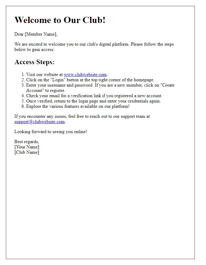 Letter template of club digital platform access steps