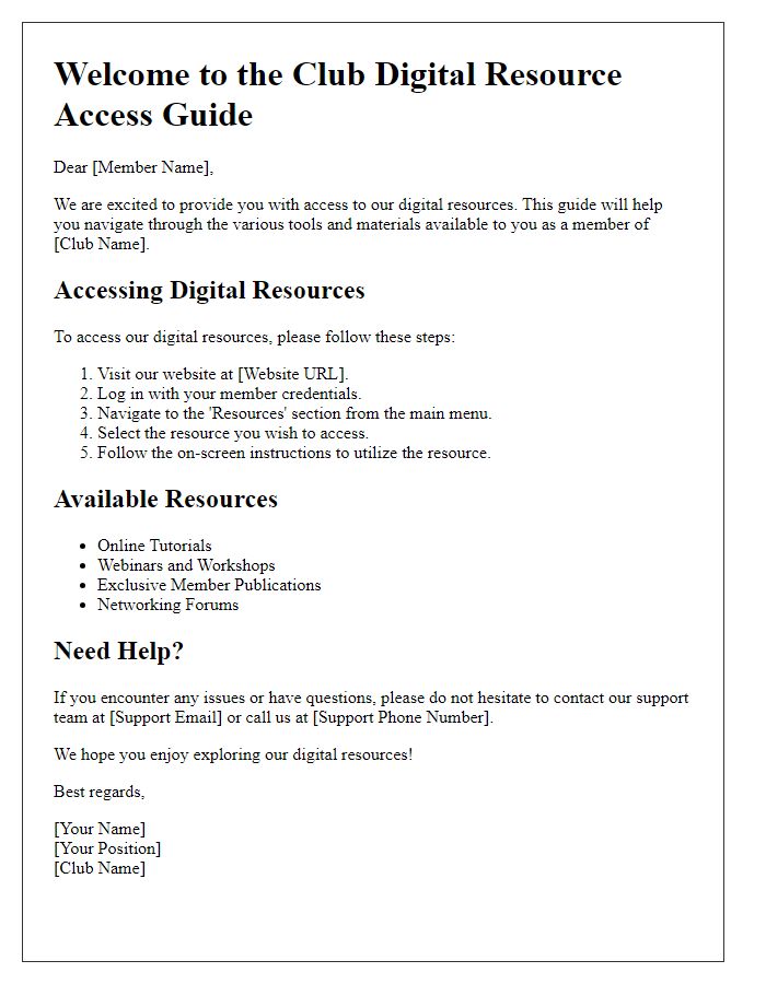 Letter template of club digital resource access guide