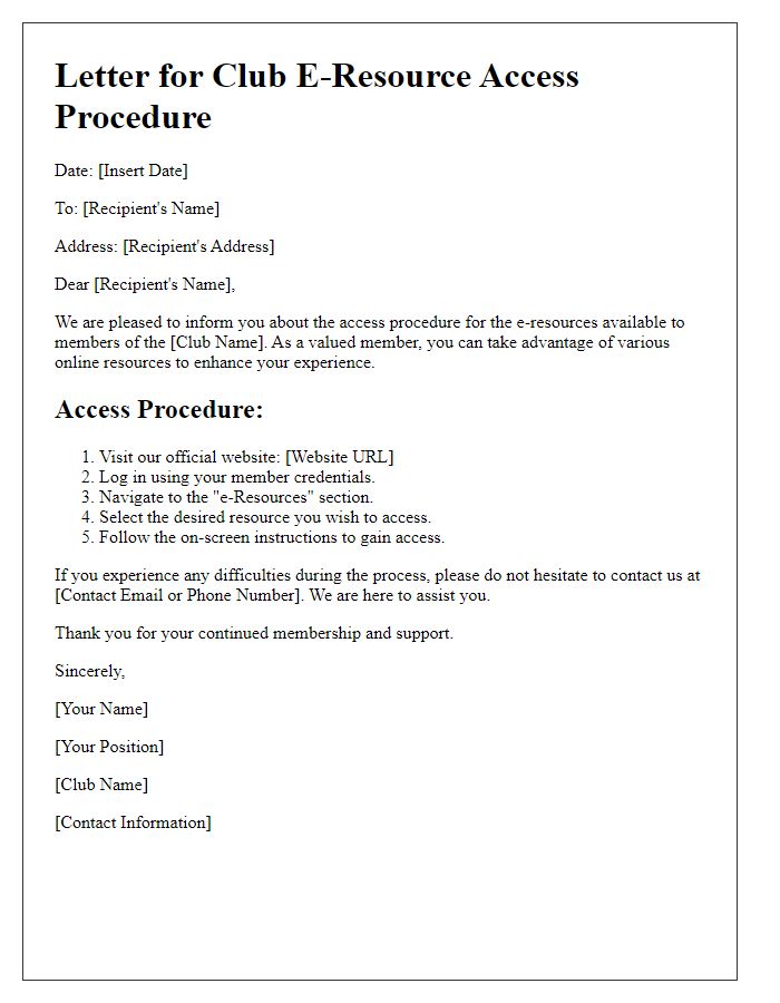 Letter template of club e-resource access procedure