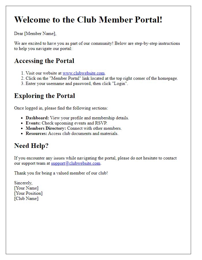 Letter template of club member portal navigation instructions