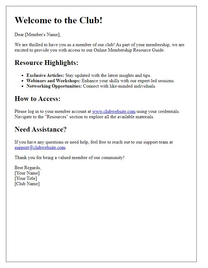 Letter template of club online membership resource guide