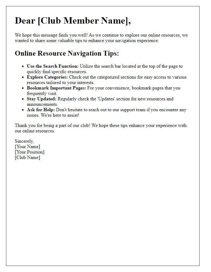 Letter template of club online resource navigation tips