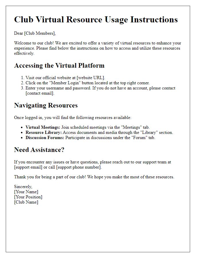 Letter template of club virtual resource usage instructions