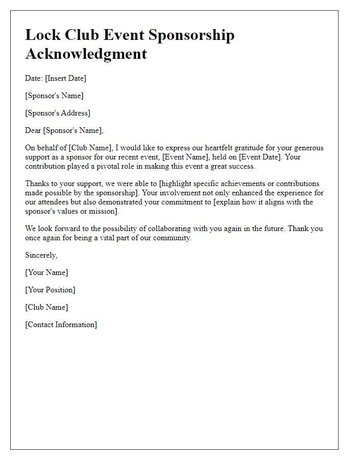 Letter template of Acknowledgment for Club Event Sponsors