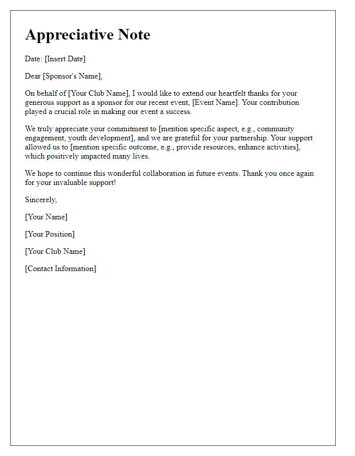 Letter template of Appreciative Note for Club Event Sponsors