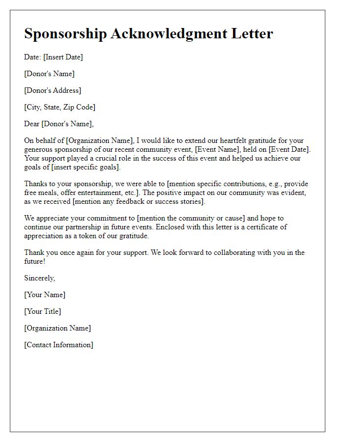 Letter template of Sponsorship Acknowledgment for Community Event