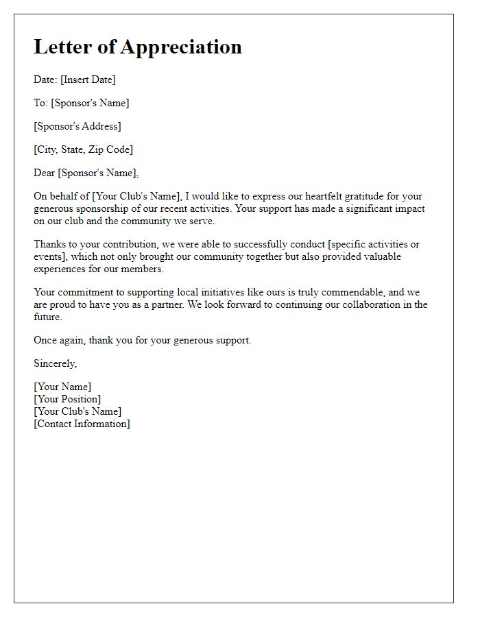 Letter template of Sponsorship Gratitude for Club Activities