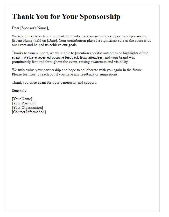 Letter template of Thank You for Special Event Sponsorship