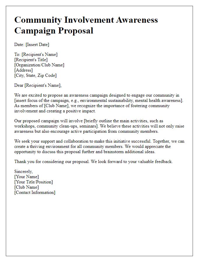 Letter template of awareness campaign proposal for club's community involvement.