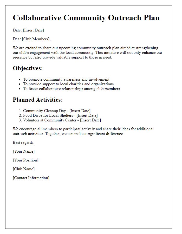 Letter template of collaborative community outreach plan for club members.