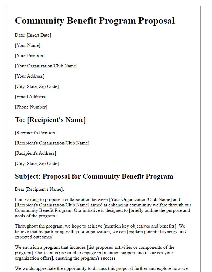 Letter template of community benefit program proposal for club associations.