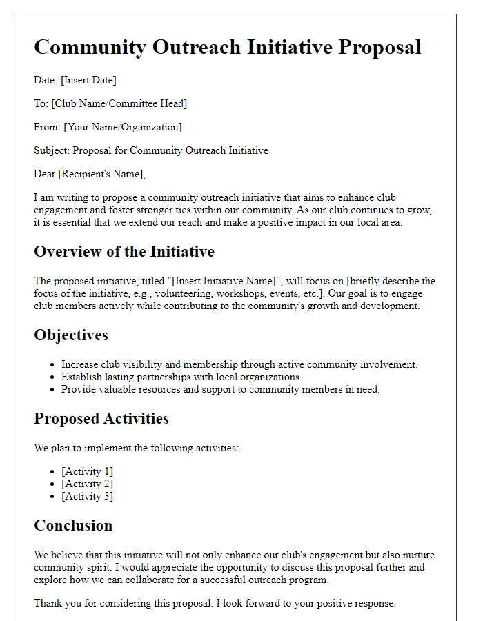 Letter template of community outreach initiative proposal for club engagement.