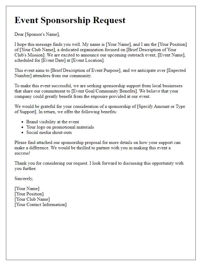 Letter template of event sponsorship request for club outreach activities.