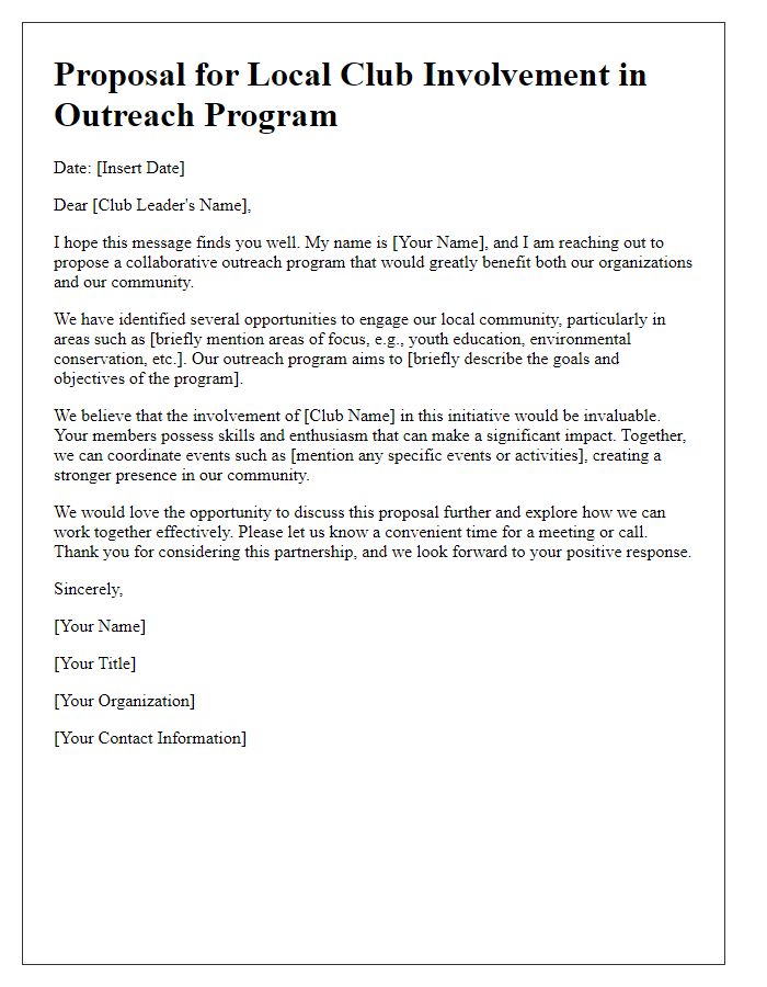 Letter template of outreach program suggestion for local club involvement.