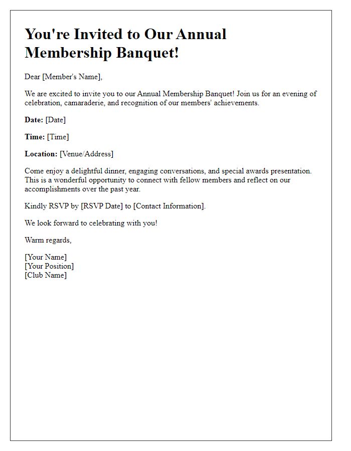 Letter template of Annual Membership Banquet Invitation for Club Members