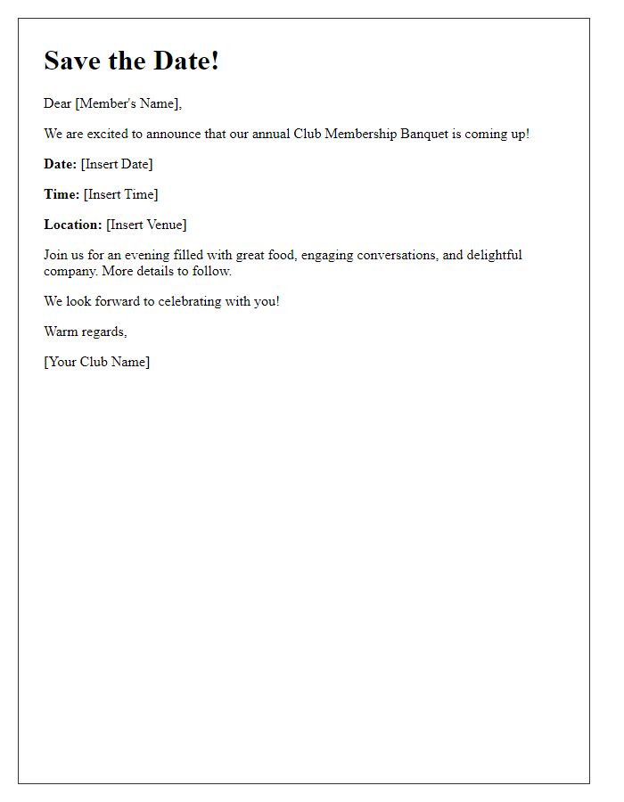 Letter template of Save the Date for Club Membership Banquet