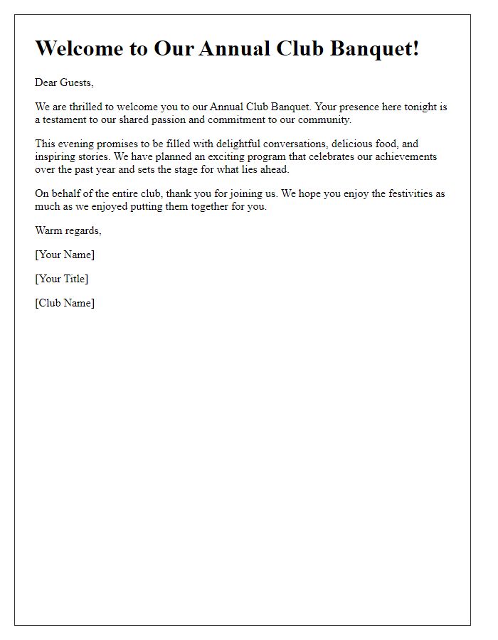 Letter template of Welcome Message for Club Annual Banquet Guests