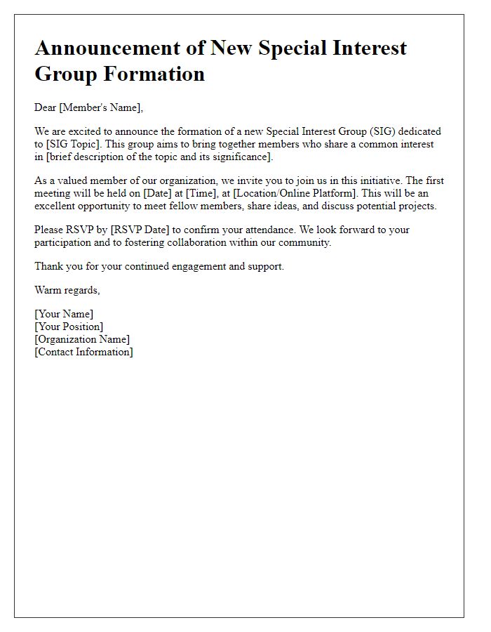 Letter template of Special Interest Group Formation Announcement for Existing Members