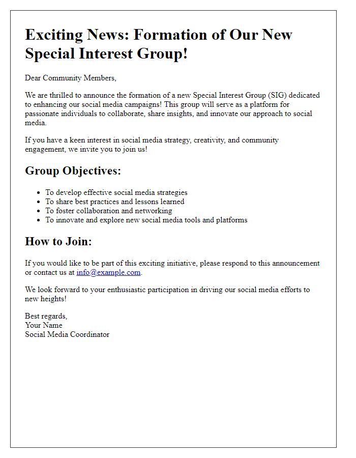 Letter template of Special Interest Group Formation Announcement for Social Media Campaigns