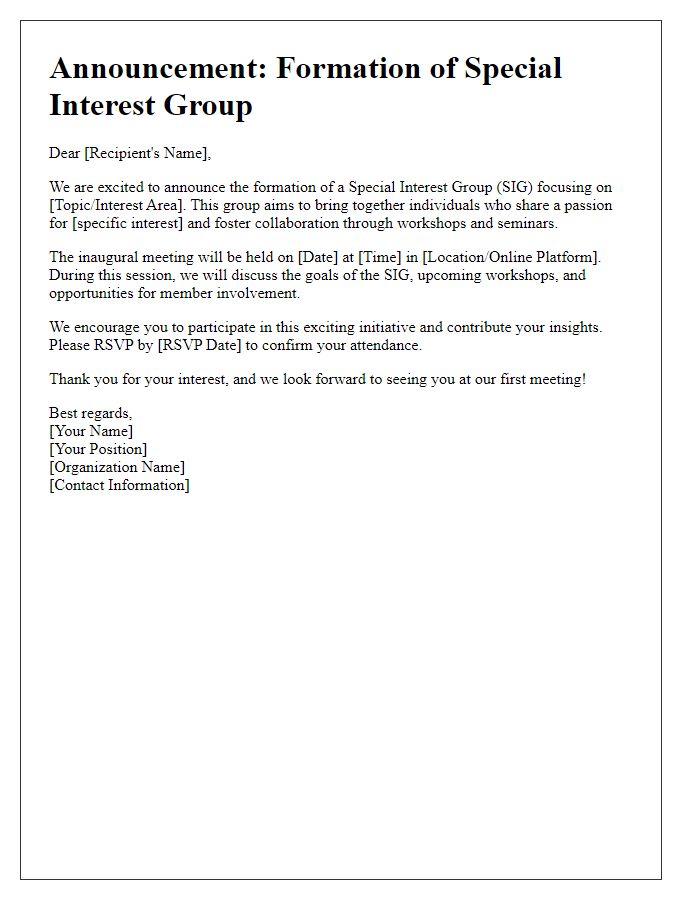 Letter template of Special Interest Group Formation Announcement for Workshops and Seminars